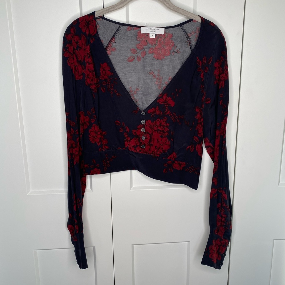 Marissa Webb Floral Deep V Neck Long Sleeve Button Crop Blouse Size 4